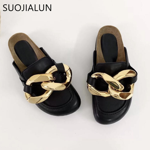 Fashionable Slip-On Slides: SUOJIALUN Women's Slipper with Big Gold Chain